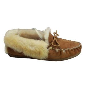 LL Bean Brown Suede Wicked Good Shearling Lined Moccasin Slippers 10 Women’s